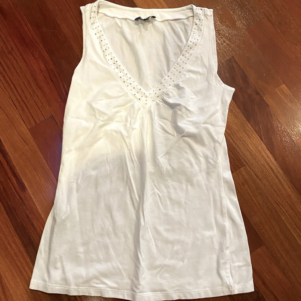 White tank top with rhinestone detail